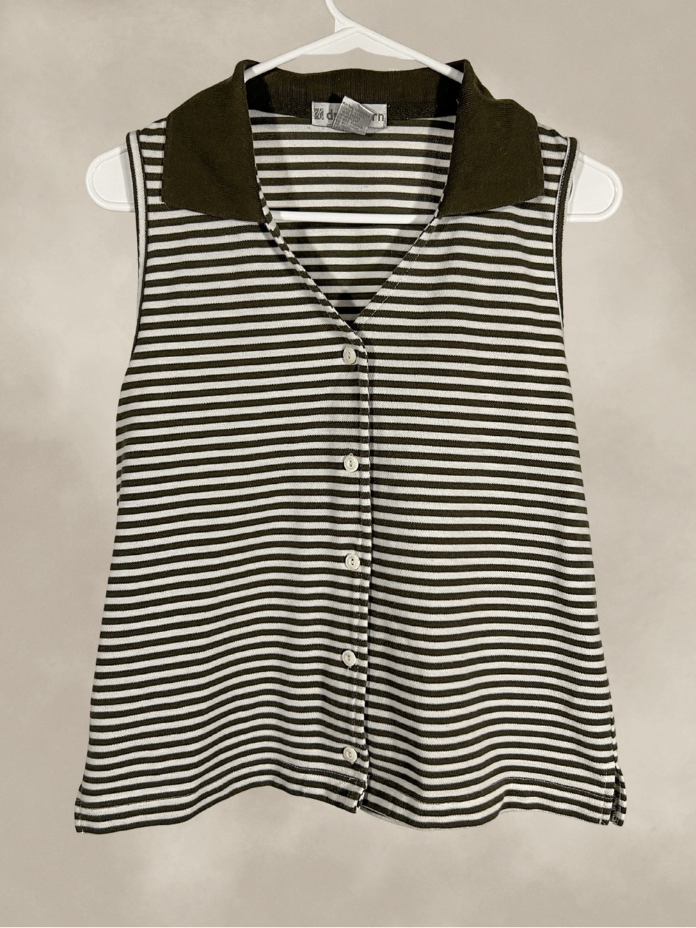 Striped Sleeveless Polo Tank Top Dressbarn Vintage Y2K Olive Green Cream Medium